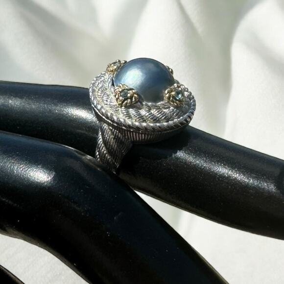 Judith Ripka 18K Gold and 925 Silver Gray Pearl and Aquamarine Cocktail Ring - Picture 6 of 13